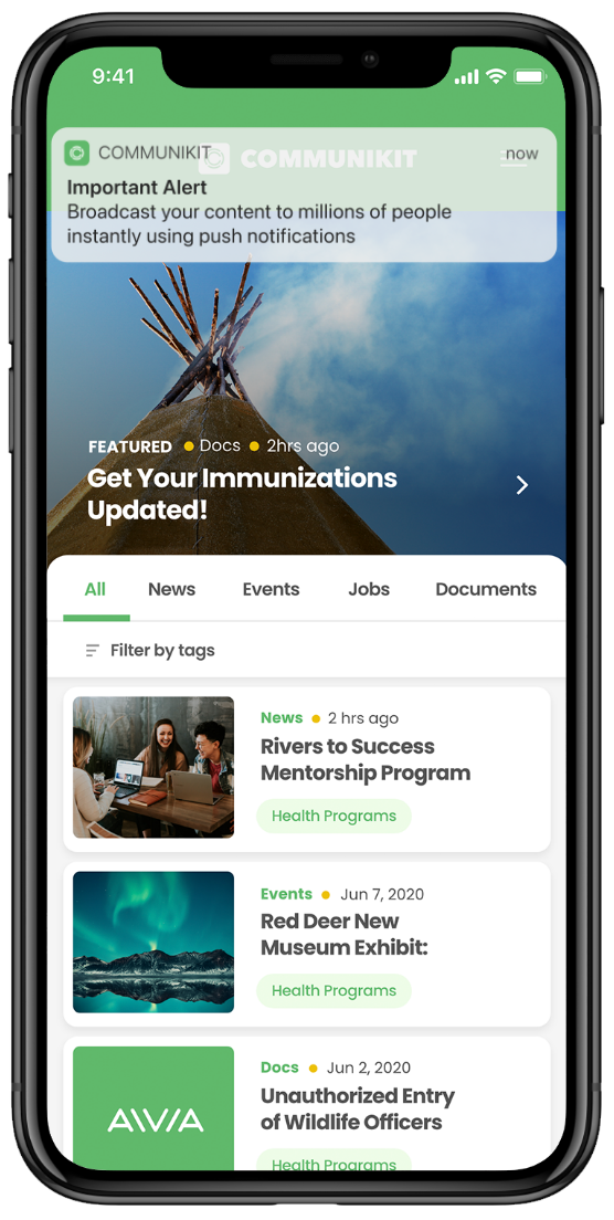 iPhone app displaying an important push notification from Communikit.